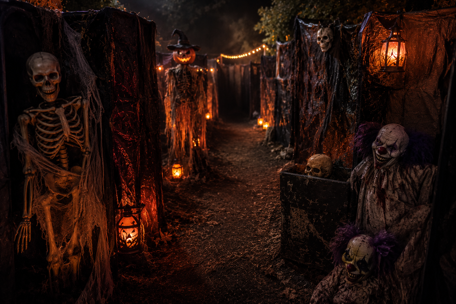 Haunted Halloween backyard maze at night