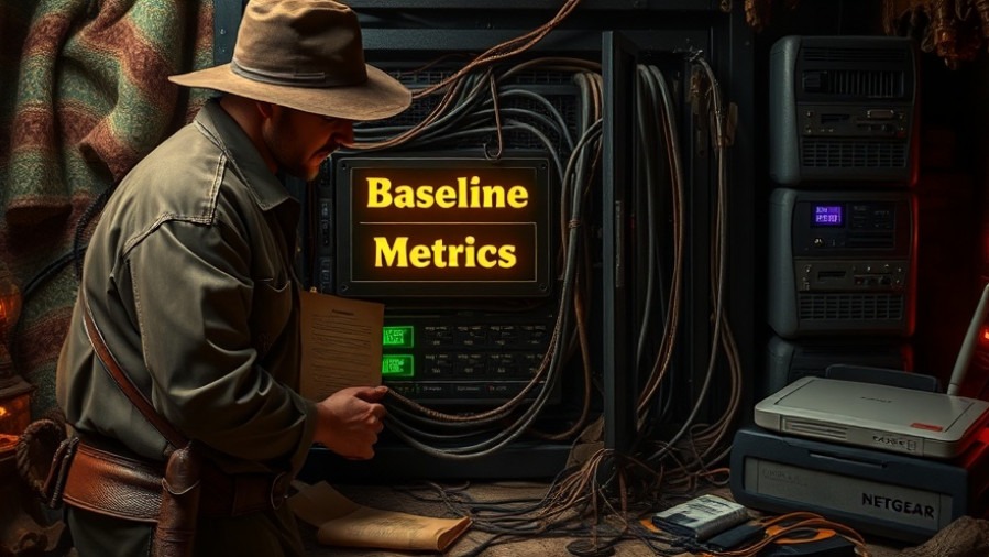 Indiana Jones-style hero discovering a dusty server rack with glowing artifact and relics.