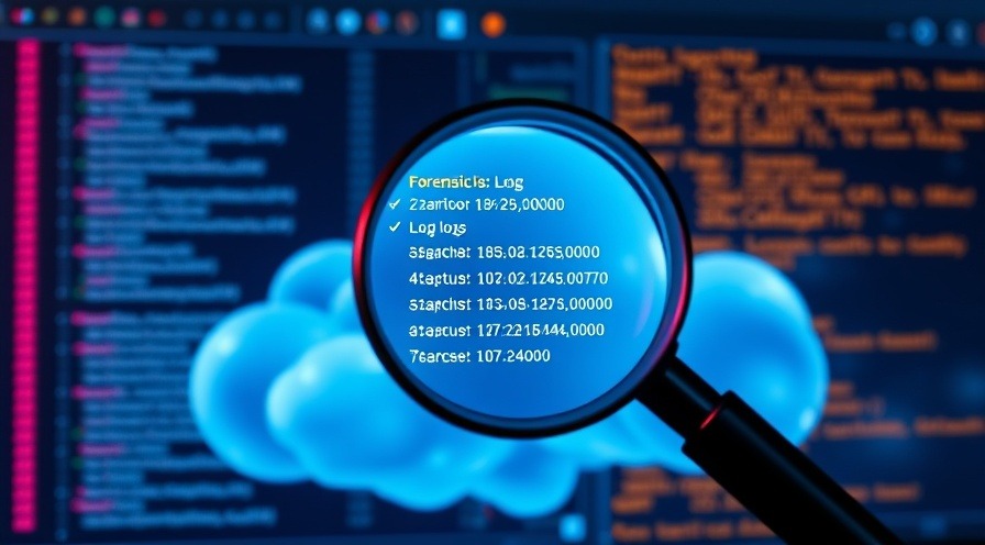 Digital magnifying glass over a cloud with neon forensic UI logs and timestamps.