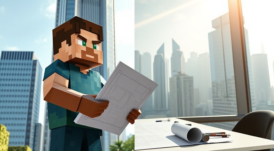 Minecraft player with blueprints and real architect at drafting table, showcasing creativity.