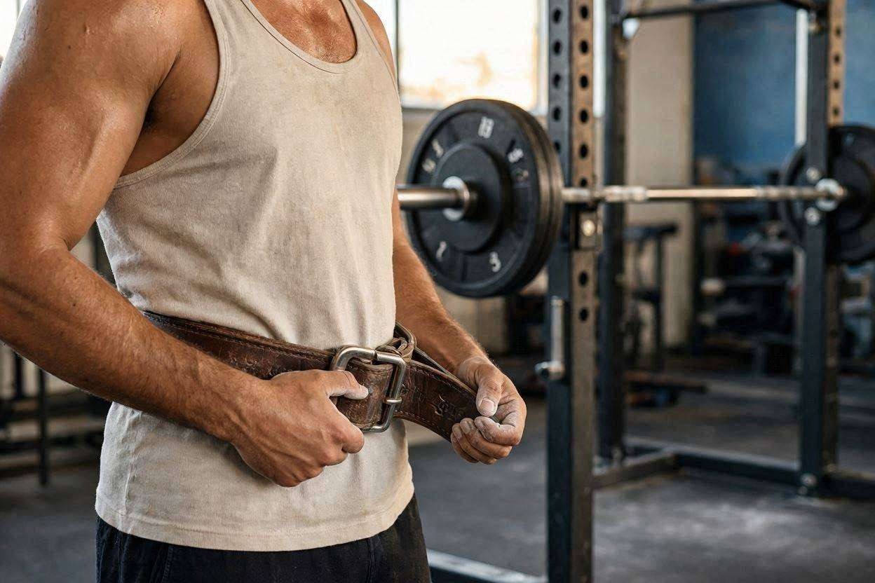 thick leather powerlifting-style belt before a squat set