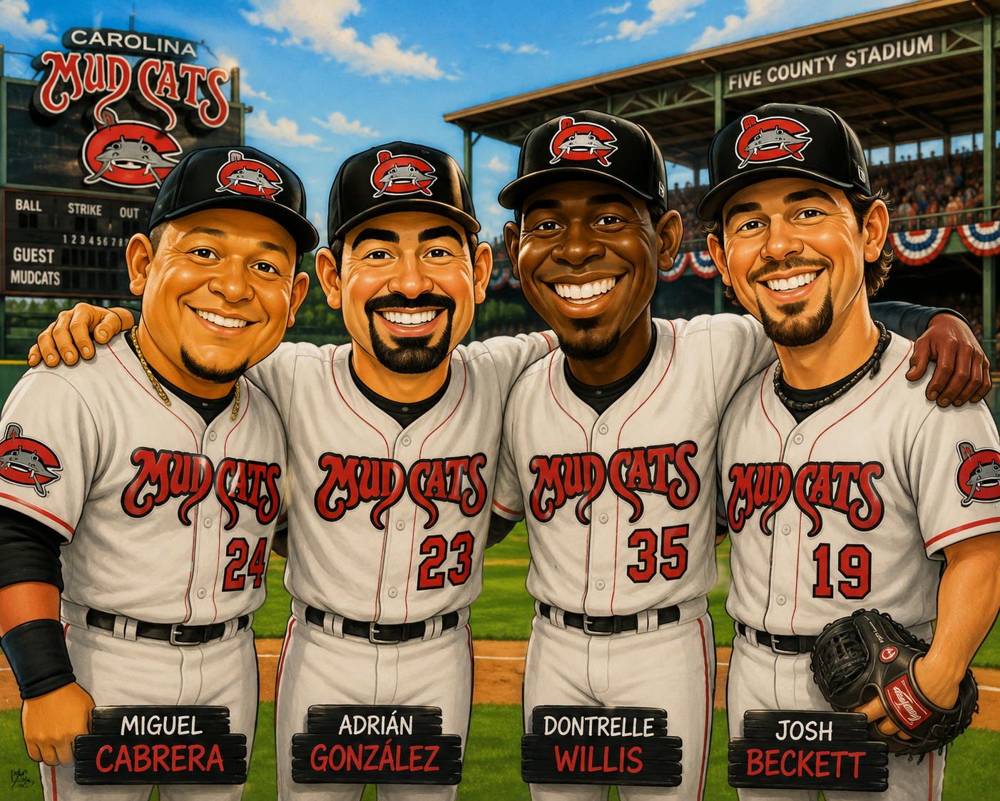 Famous players caricature portrait at Five County Stadium