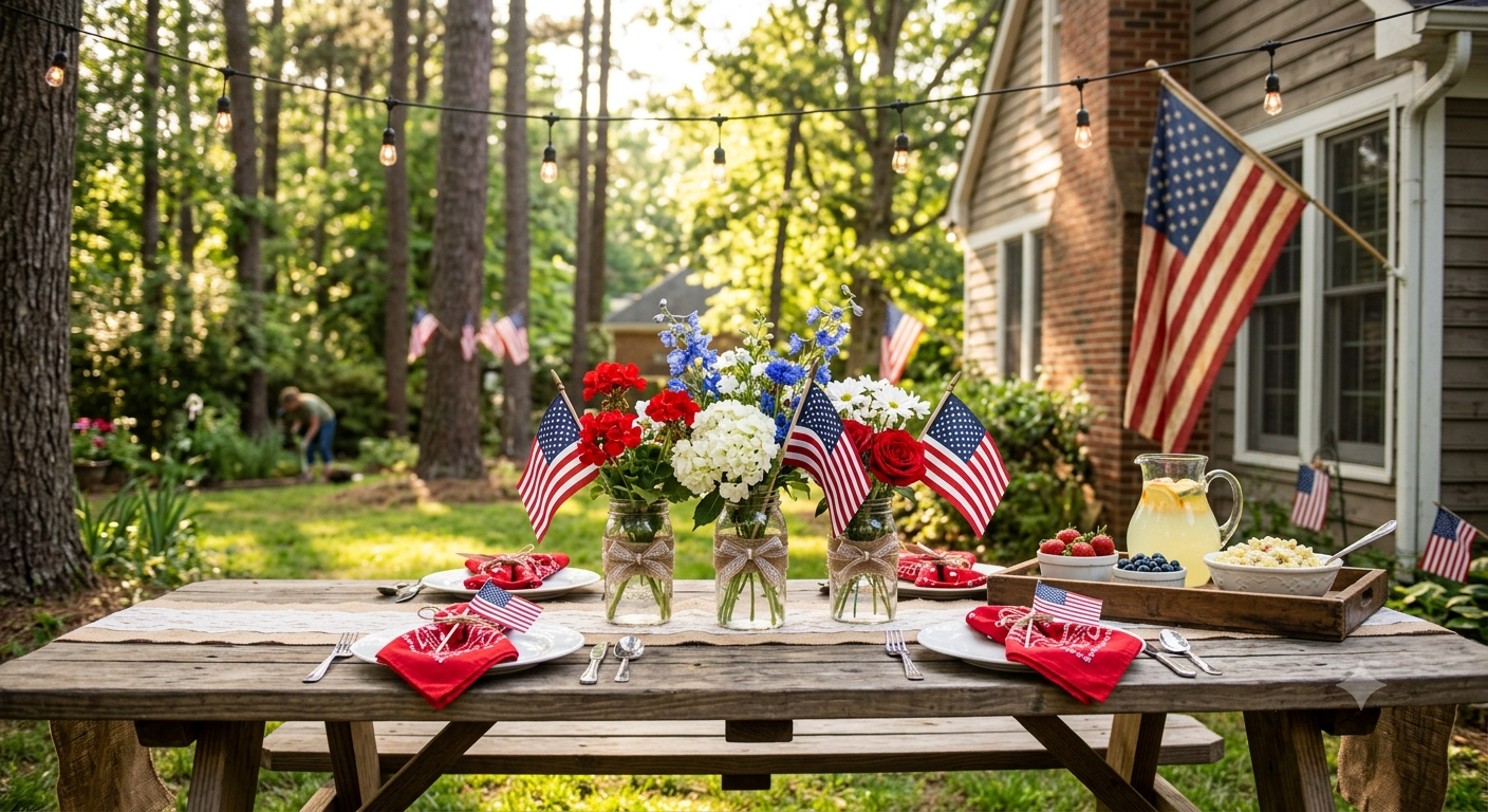 picnic table decorated using inexpensive patriotic décor