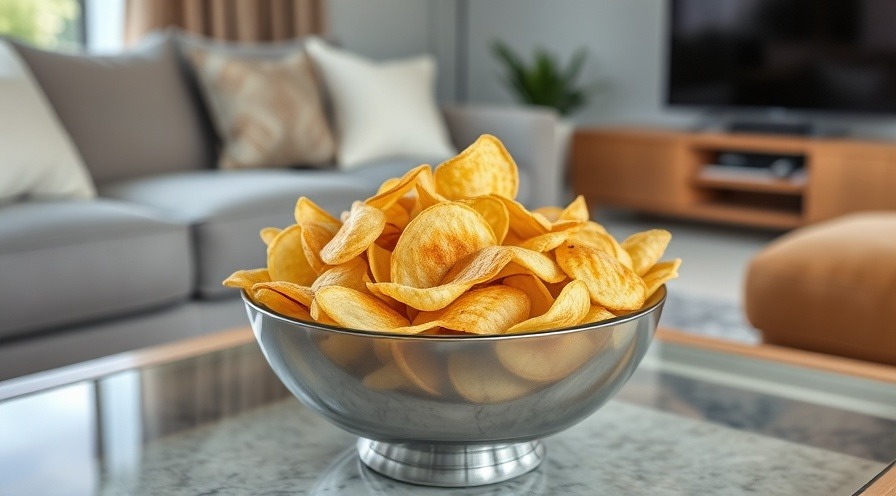 A big bowl of dirty potato chips on a living room coffee table.