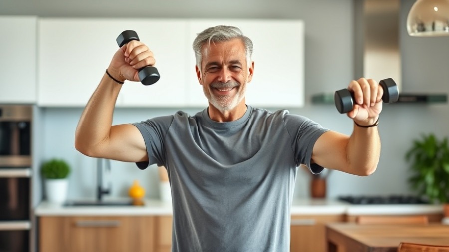 Senior mobility fitness: man demonstrating fitness arm exercises with dumbbells.