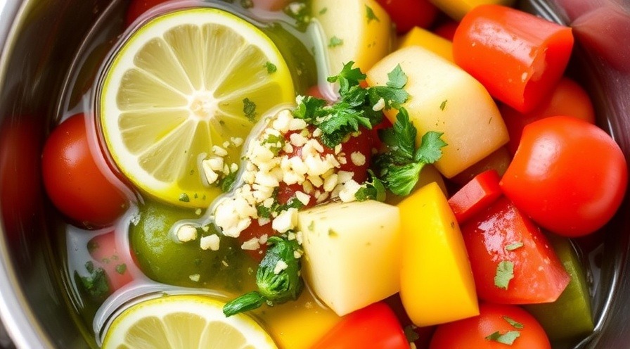 Healthy oils mix with lemon juice and herbs for marinating vegetables.