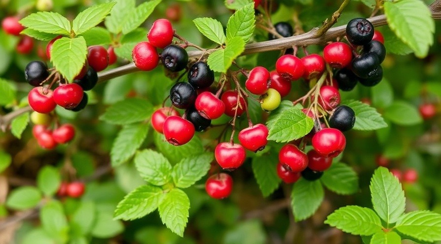 Small backyard mini forest thriving with fresh berries and herbs.