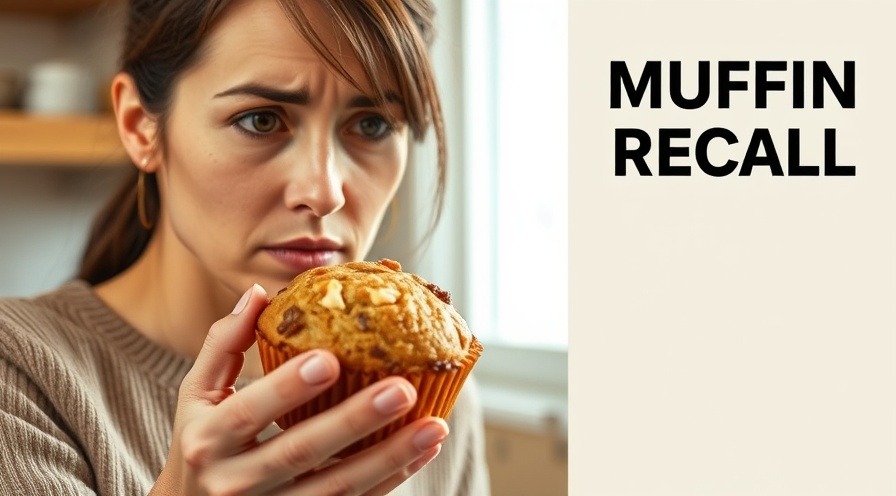 Anxious woman in kitchen examining a muffin during a recall, soft morning light.