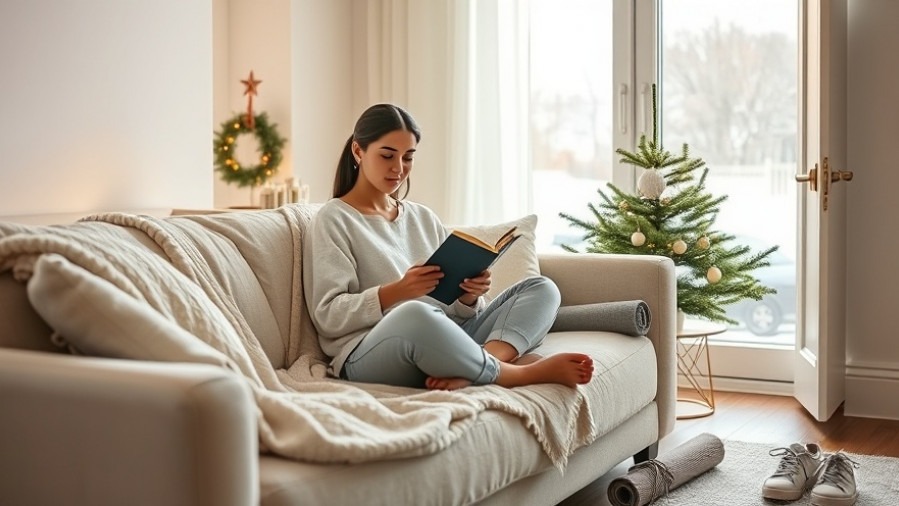 Serene self-care scene during the holidays with cozy decor and winter light.