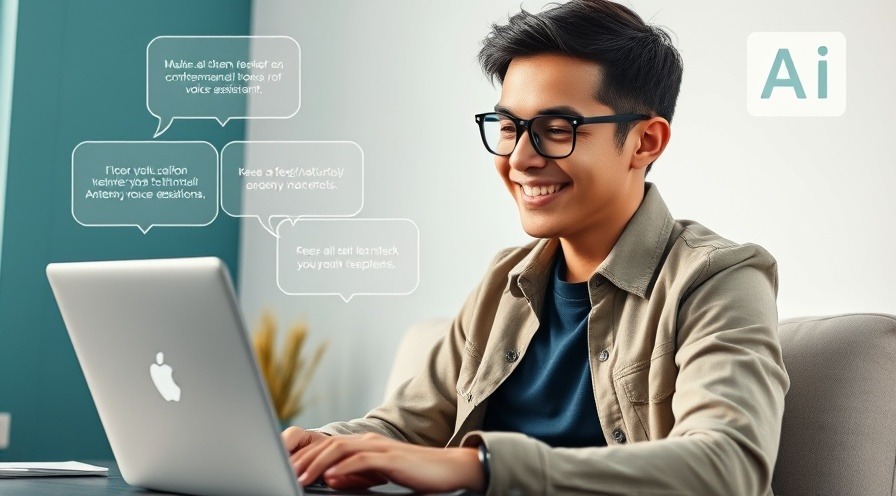Confident young tech professional engaging with conversational AI on a laptop.