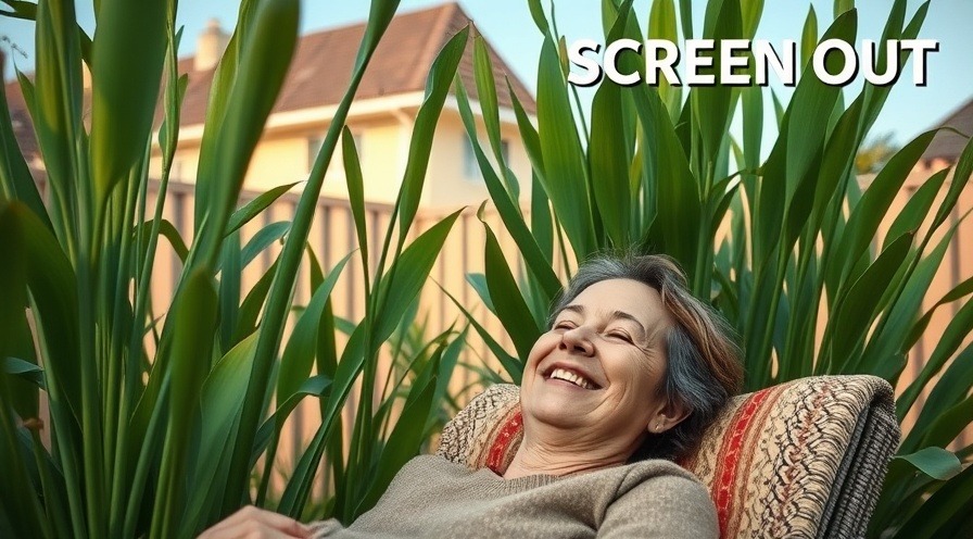 Relaxed homeowner smiling in a garden. Screen Out text in upper-right corner.