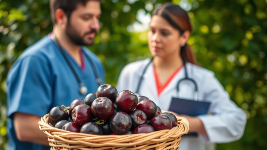 Two medical professionals discuss bone density with fresh prunes outdoors.