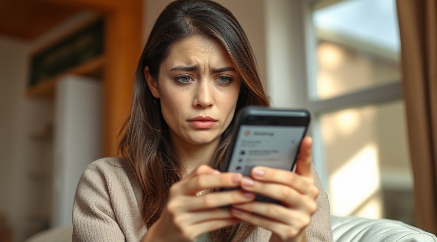 Worried young woman adjusting social media privacy settings on her phone indoors.