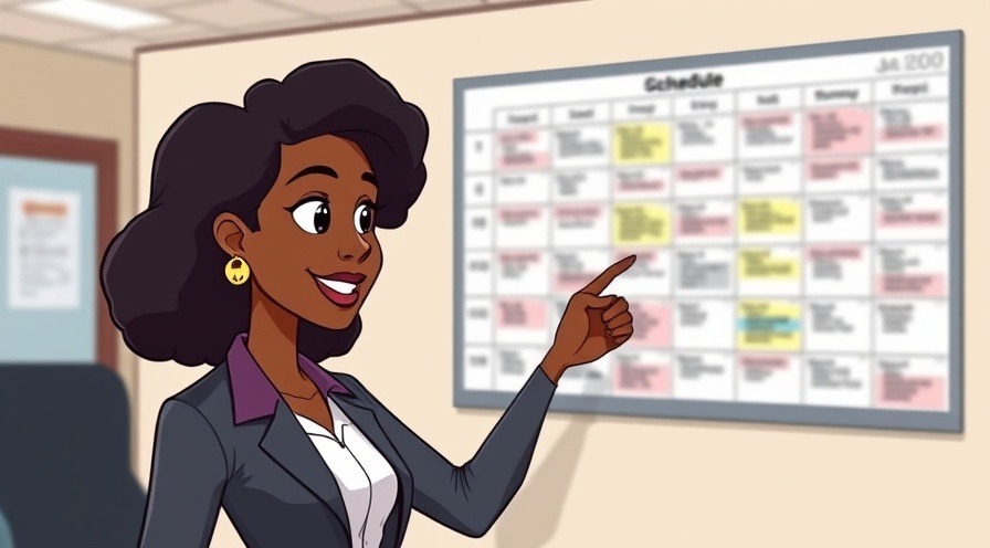 woman cartoon pointing to project flow charton wall