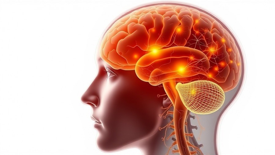 Medical illustration of a transparent human head with glowing brain regions and neural pathways.