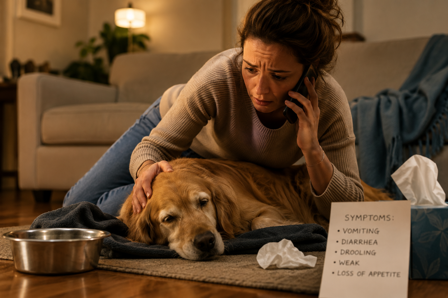 Woman calling vet to help sick dog