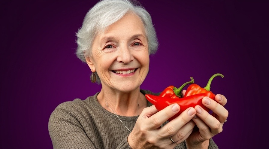 Elderly woman smiling with a vibrant cayenne pepper, showcasing holistic remedies.