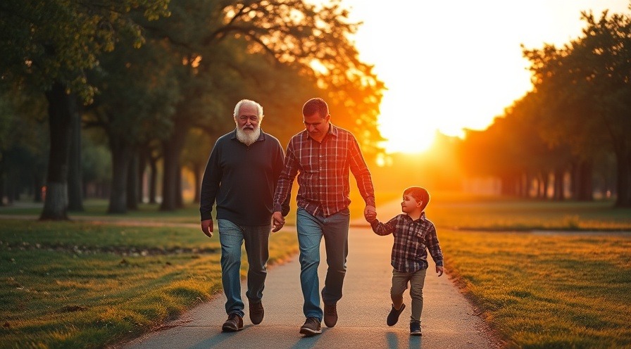 Three generations of men walking in a park at sunset, symbolizing family legacy.