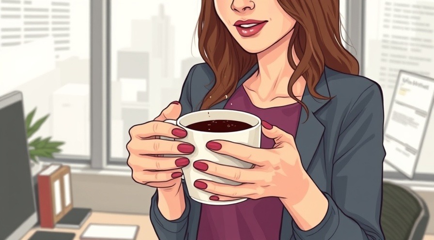 jittery woman at office holding coffee cup, network plus jitter