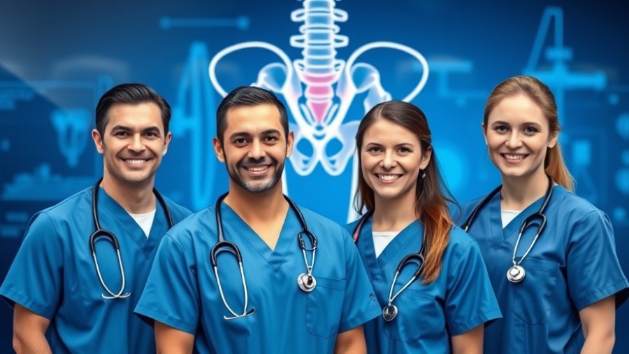 Healthcare professionals showcasing bone density exercises with hip anatomy backdrop.