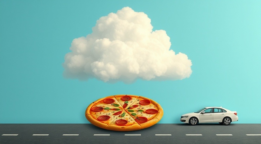 A whimsical scene featuring a cloud, pizza, and a car.