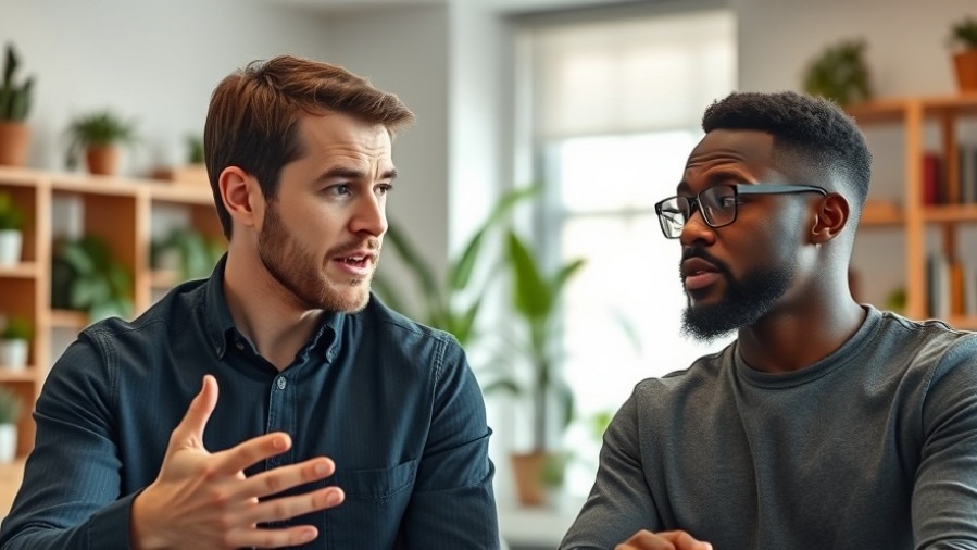 Two men discussing dopamine health in a modern office, showcasing stress management.