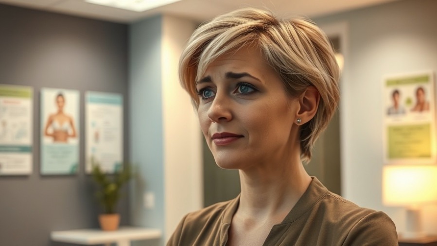 Concerned woman discussing hair health and stress relief in a modern clinic