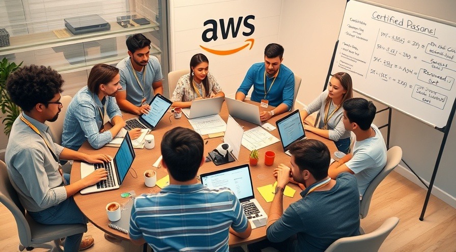 Diverse young professionals study for AWS Certified Cloud Practitioner exam with laptops and materials.