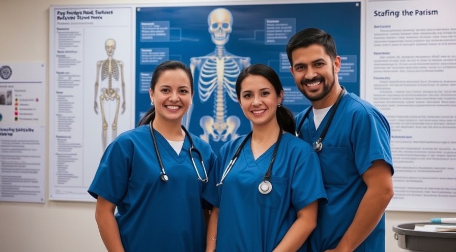 Three medical professionals discuss osteoporosis prevention with a detailed bone diagram.