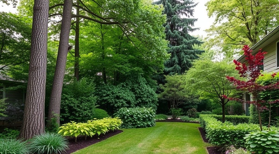 Vertical layers of vegetation in a backyard featuring tall trees, shrubs, and edible plants.
