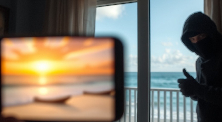 Thief looking through widow, while victim shows beach photos online