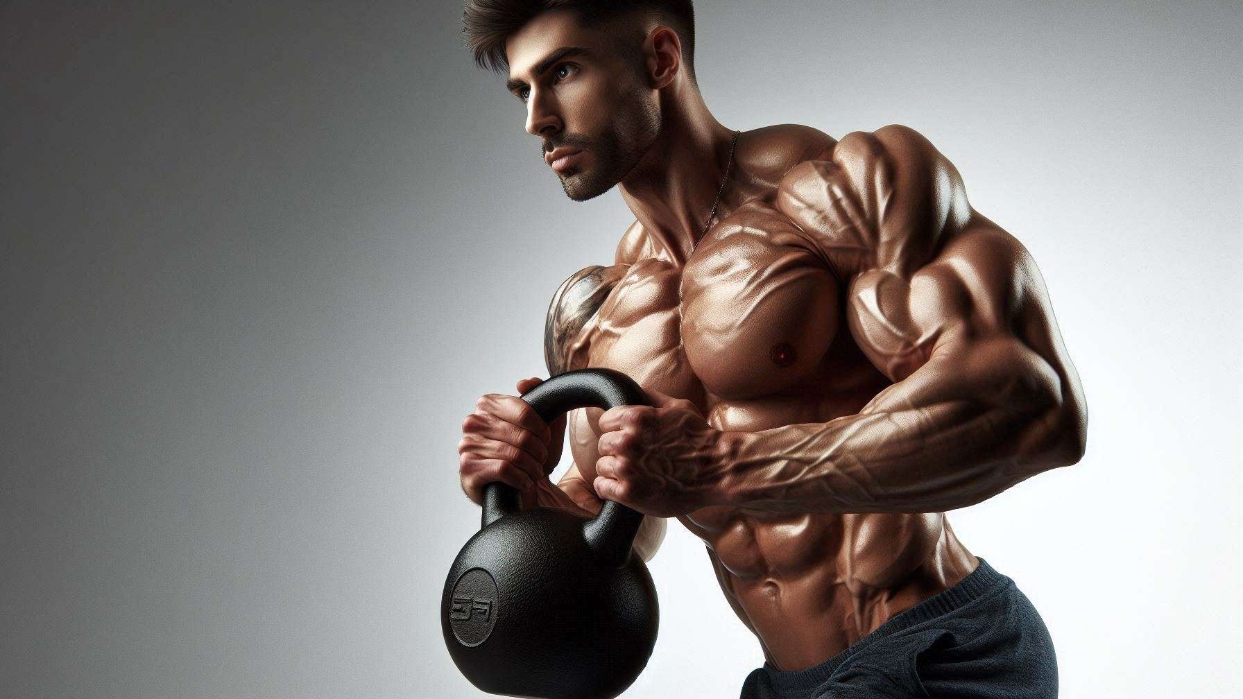 Muscular man in a kettlebell leg and glute workout pose, focused fitness.