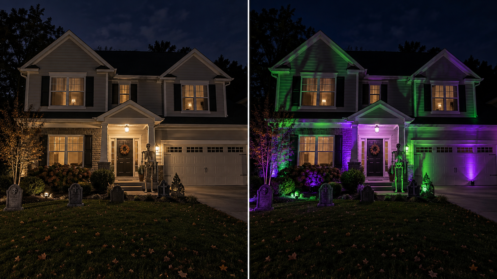 Halloween house lighting, before and after