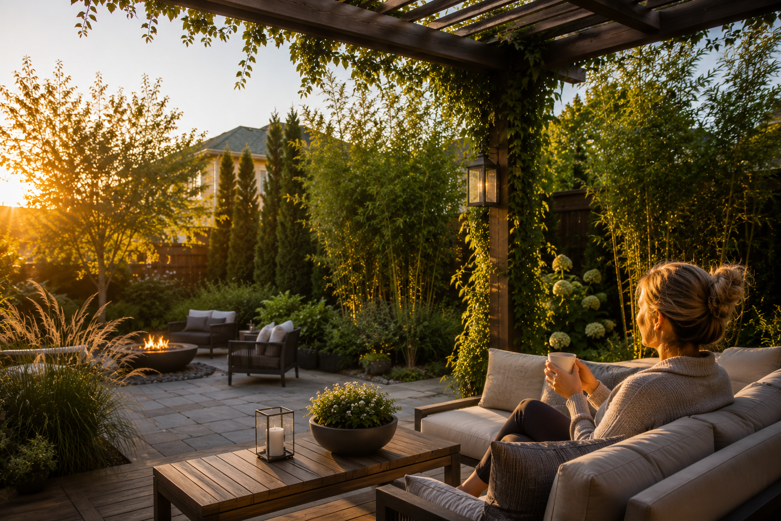 Serene morning in a backyard garden retreat