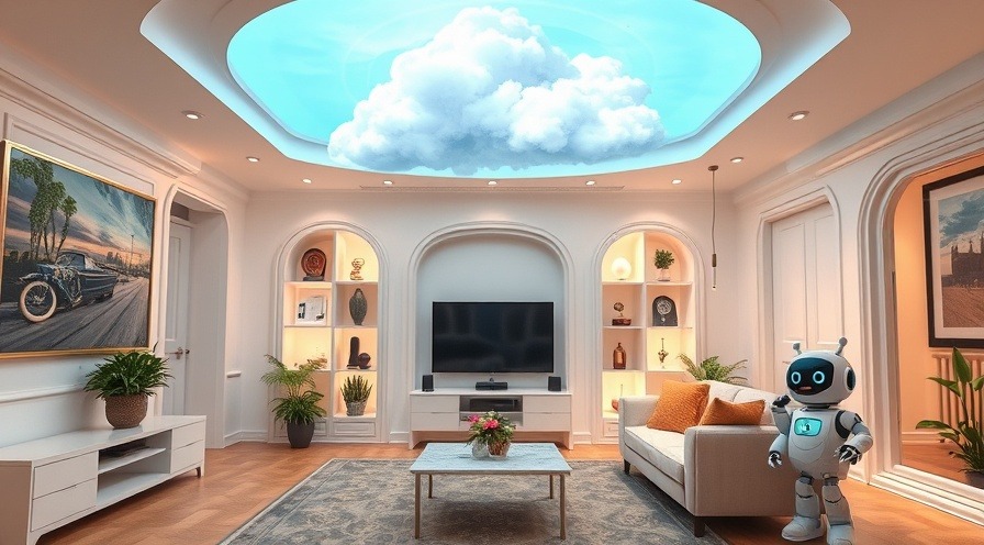 Futuristic smart home with AWS cloud servers, robot helpers, and voice-activated features.