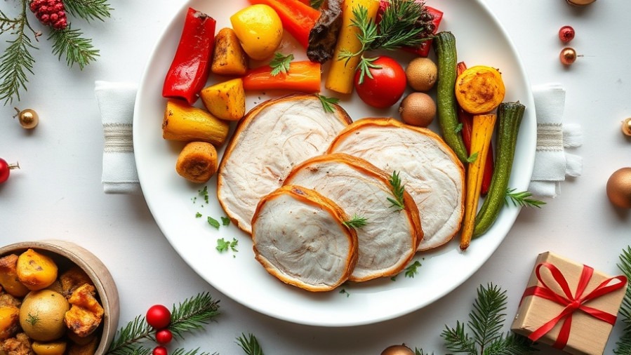 Vibrant Christmas dinner with turkey and festive vegetables, healthy holiday feast.