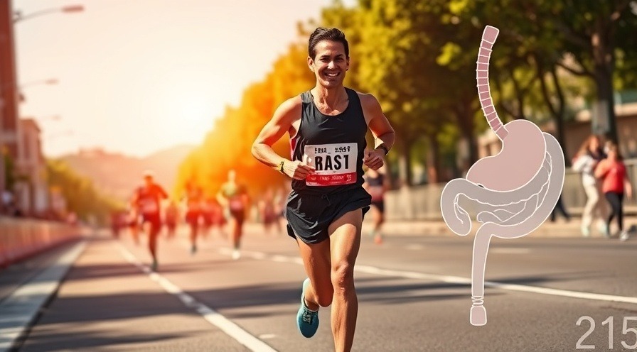 Marathon runner mid-stride on a sunny day with digestive system graphics overlay.