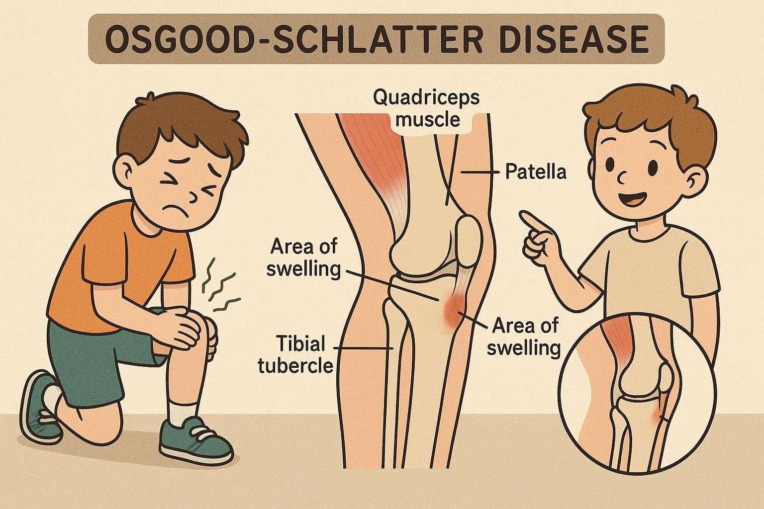 Illustrative poster on Osgood-Schlatter disease with anatomy and cartoons.