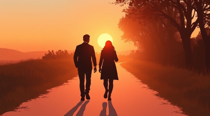 Silhouetted figures walking along a path at golden hour, capturing a calm moment.