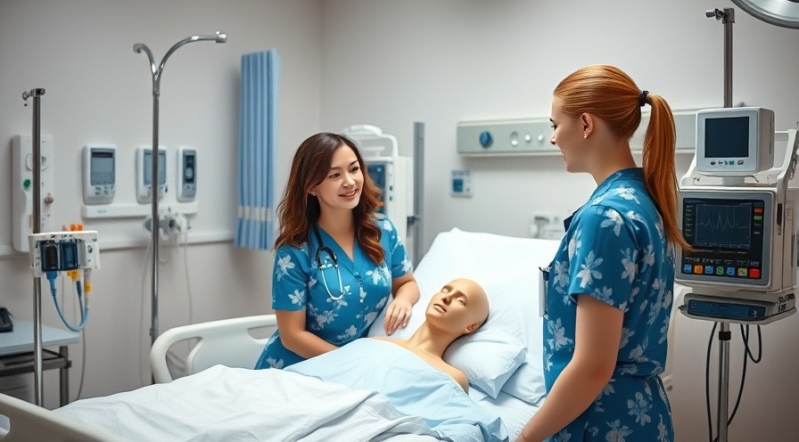 Nurse in scrubs testing medical mannequin in a clinical environment, highlighting hands-on training.
