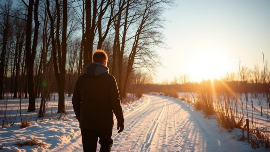 Serene winter scene of person walking in sunlight amidst snowy path, peaceful nature photography.