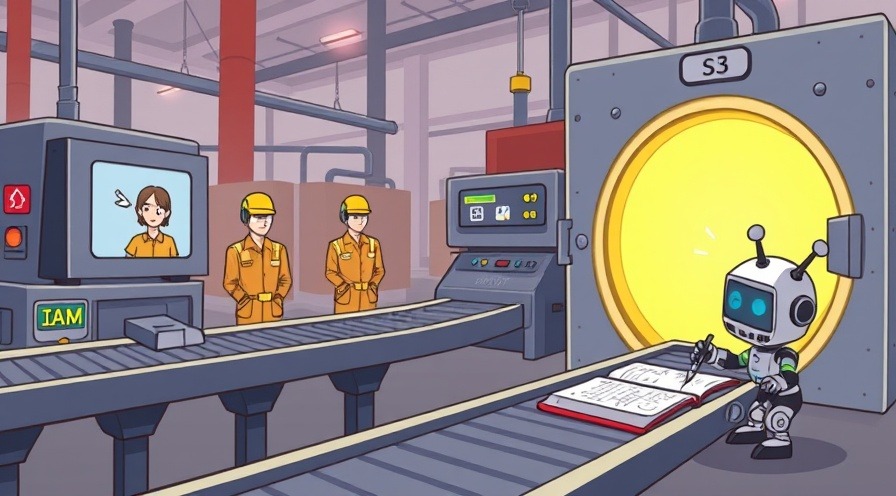 Whimsical digital factory scene with IAM security guards, S3 vault, and CloudTrail robot.