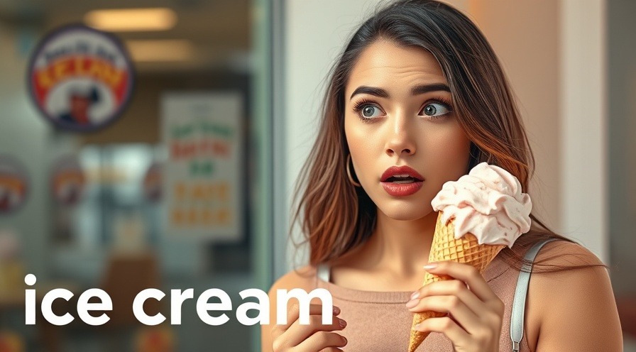 Surprised woman with melting ice cream, questioning ingredients, bright pastel vibes.
