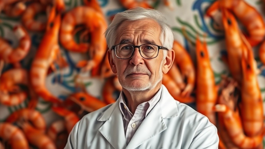 Thoughtful doctor promoting heart health and cholesterol awareness with seafood backdrop.