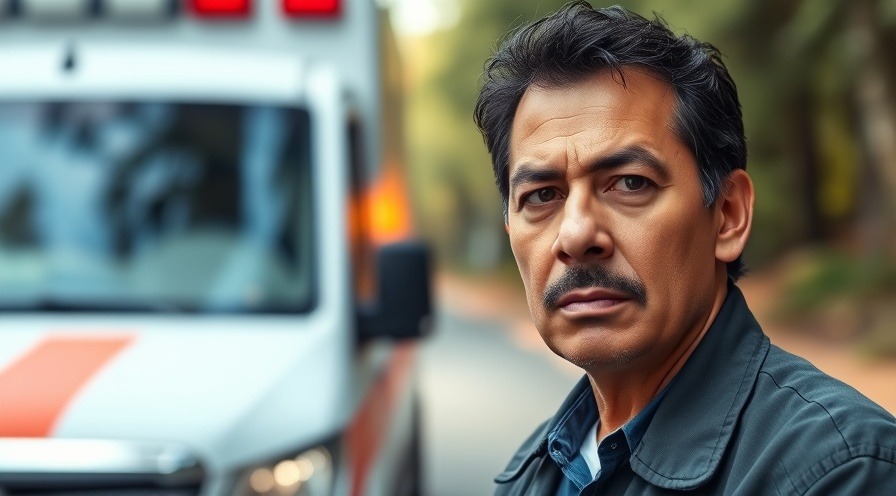 Concerned individual beside ambulance, stressing health awareness for life-threatening situations.
