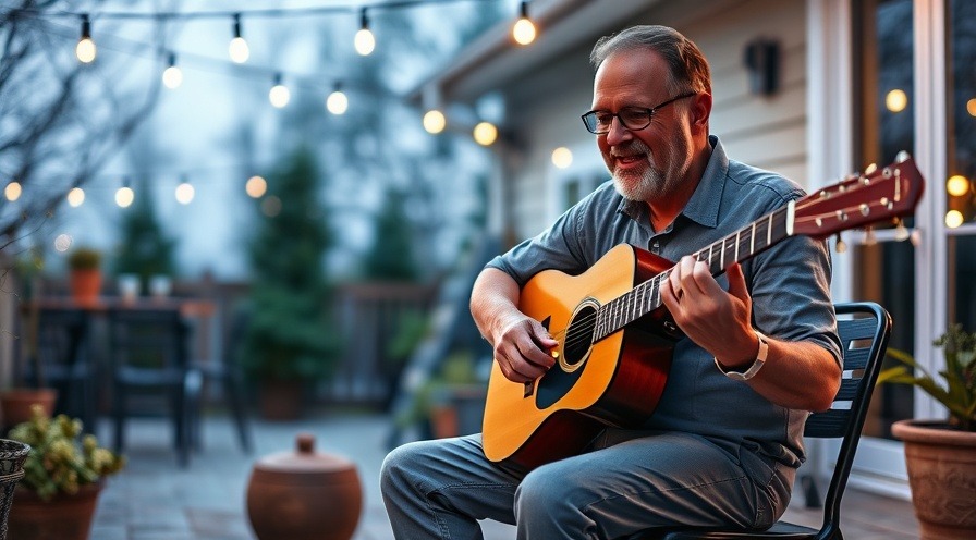 Middle-aged man enjoying his acoustic guitar on the back patio after work.