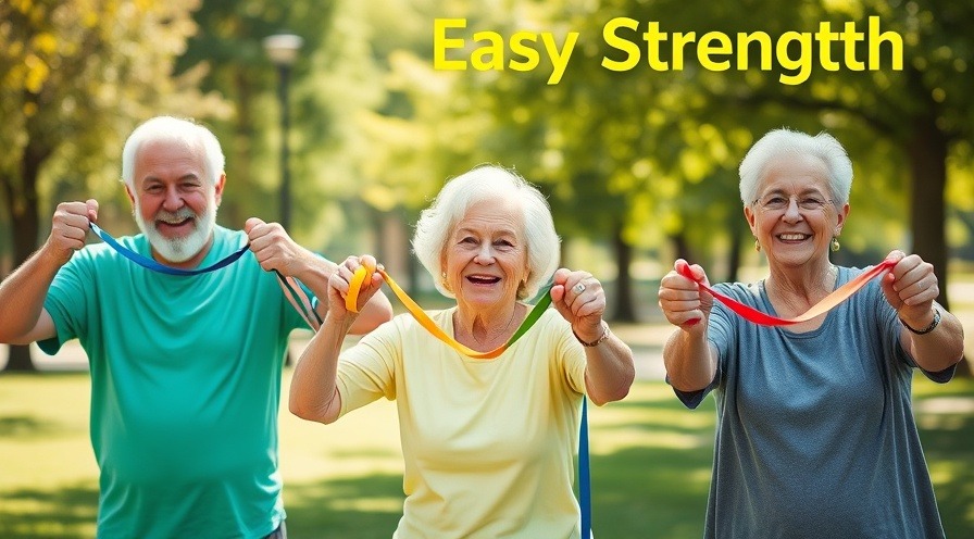 Older adults joyfully exercising with resistance bands in a sunny park.