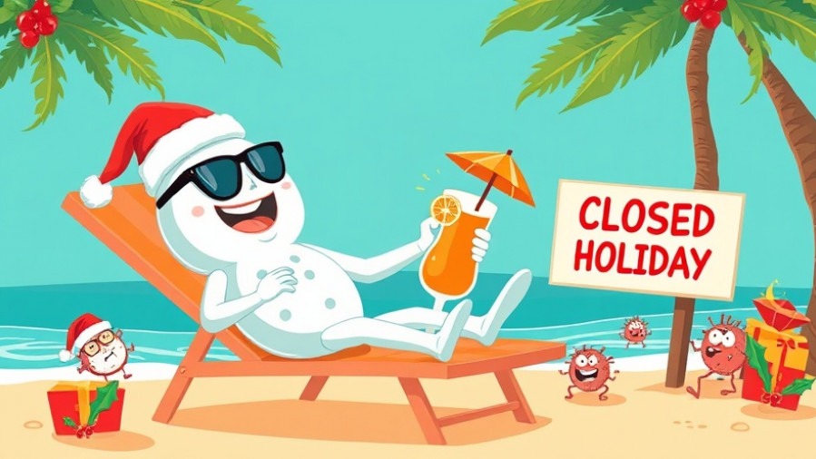 Friendly immune system superhero relaxing on beach chair, festive holiday scene
