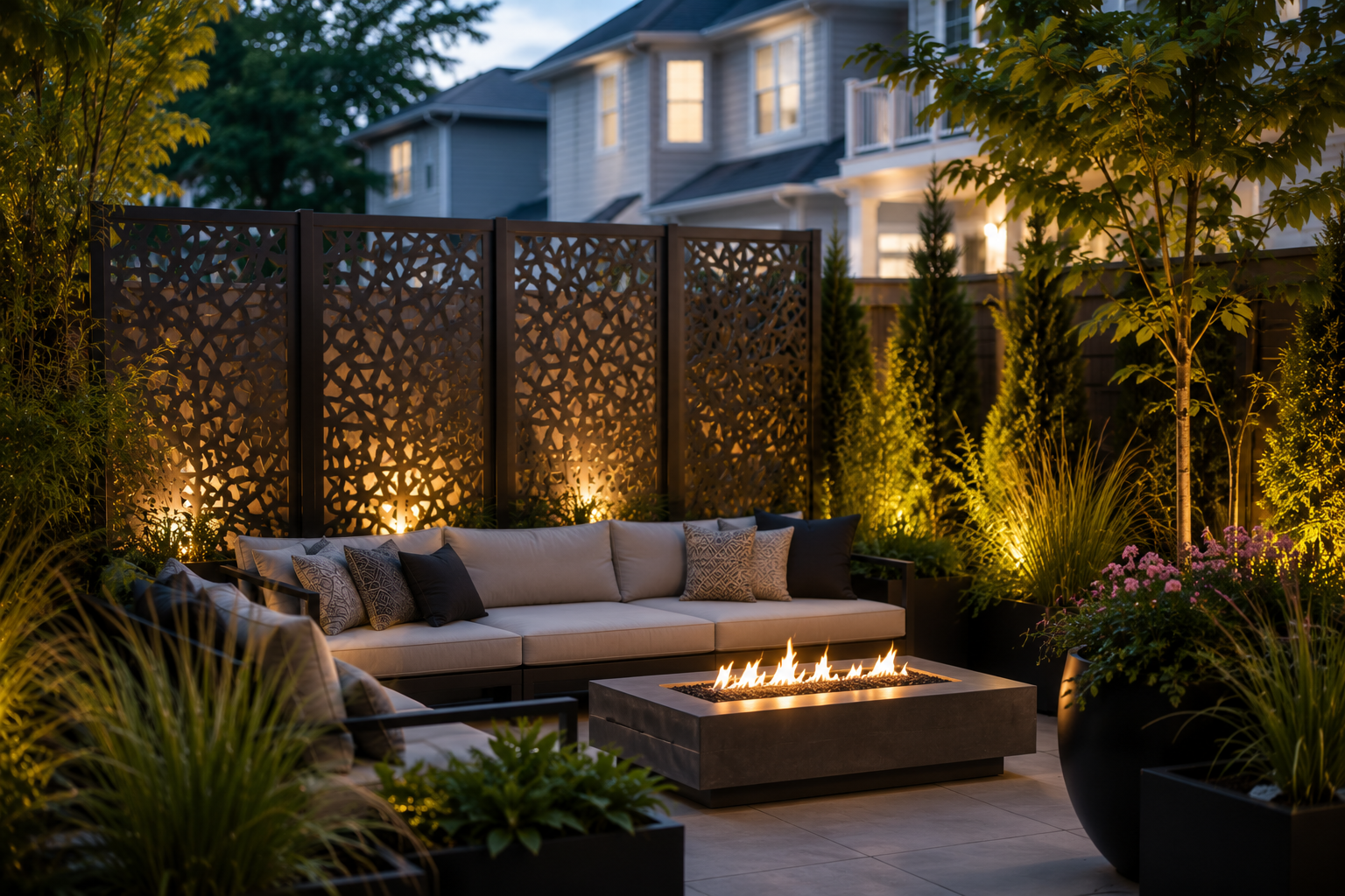 Tall decorative screens make a Cozy modern patio at dusk