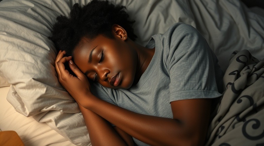 Black female adult peacefully trying to sleep in a cozy bed.